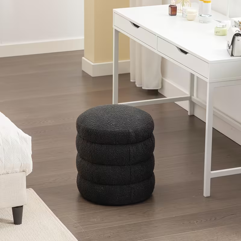 Round, cushioned vanity stool/footstool, 16.93 inches wide and 18.5 inches high.