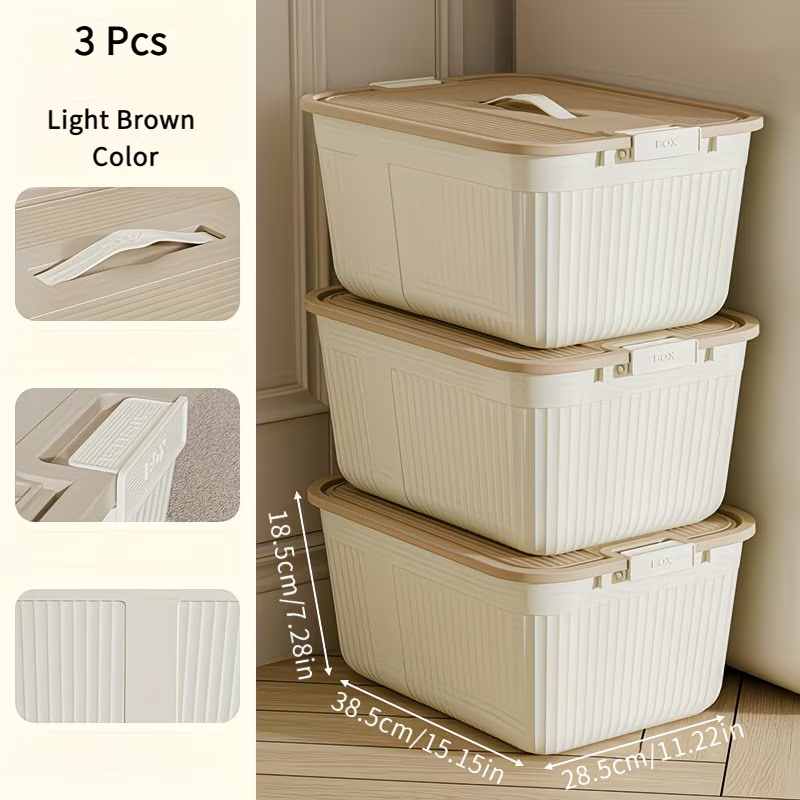 Three plastic storage boxes with lids, snaps, and handles, suitable for home organization.