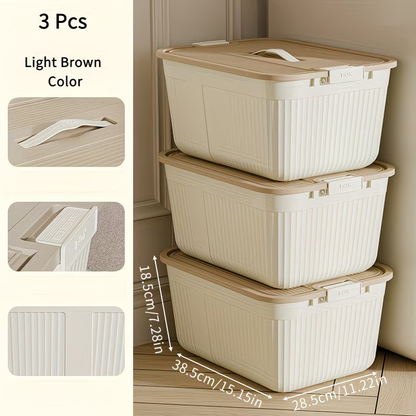 Three plastic storage boxes with lids, snaps, and handles, suitable for home organization.