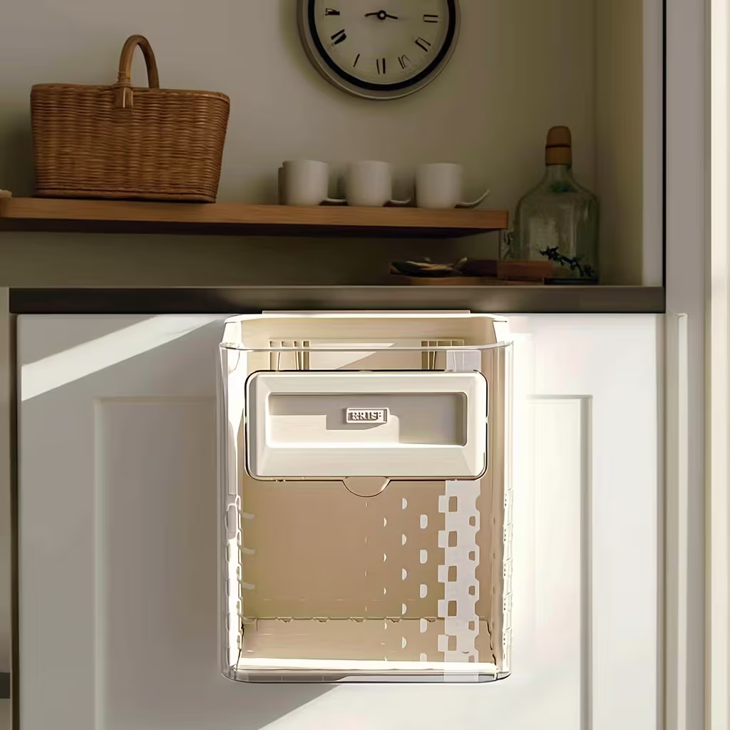 Wall-mounted modern black and white rectangular trash can with lid