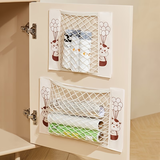 Mesh storage bag, stretchable, with small item pockets, includes 2 stickers.