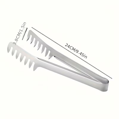 Stainless steel pasta tongs, suitable for buffets and family meals.