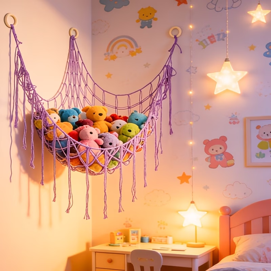 A plush toy storage hammock net with tassels