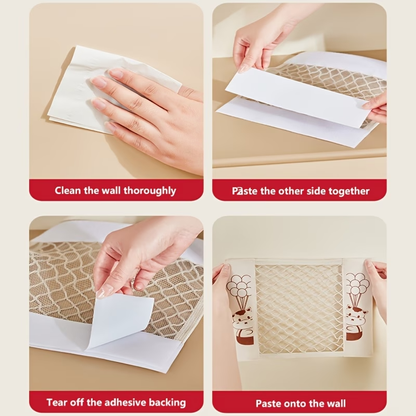 Mesh storage bag, stretchable, with small item pockets, includes 2 stickers.