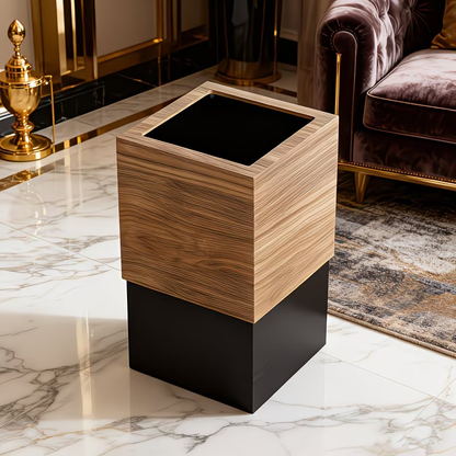 A modern square trash can with a black lid and a Scandinavian design.