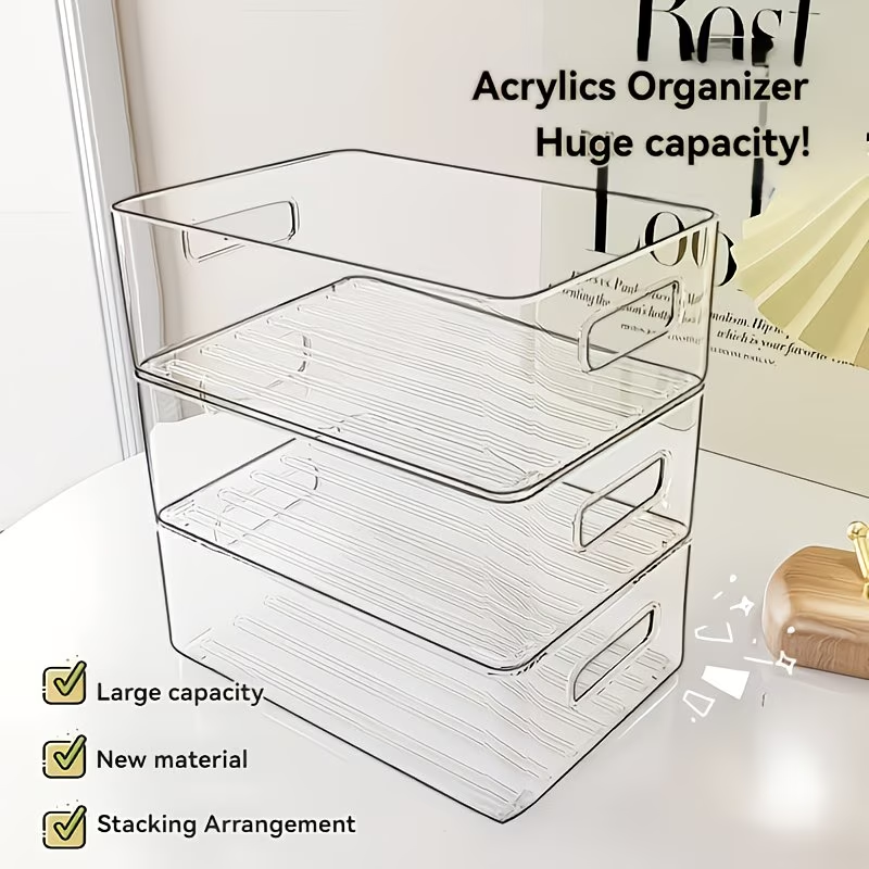 Stackable transparent plastic cosmetic storage box - large capacity organizing basket
