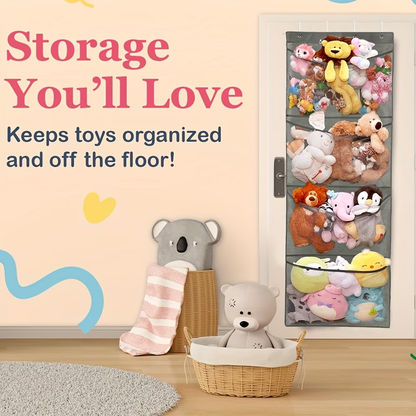 Large mesh door hanging storage rack with 4 large pockets and hooks.