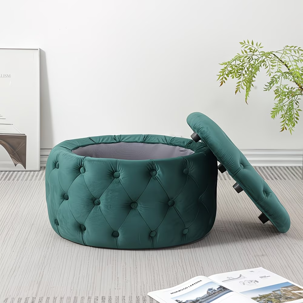 Oval Storage Ottoman Button-Tufted Footrest Stool for Living Room