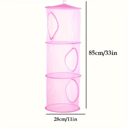 A foldable hanging storage basket suitable for storing toys.