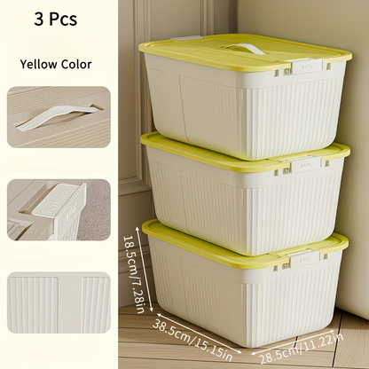 Three plastic storage boxes with lids, snaps, and handles, suitable for home organization.