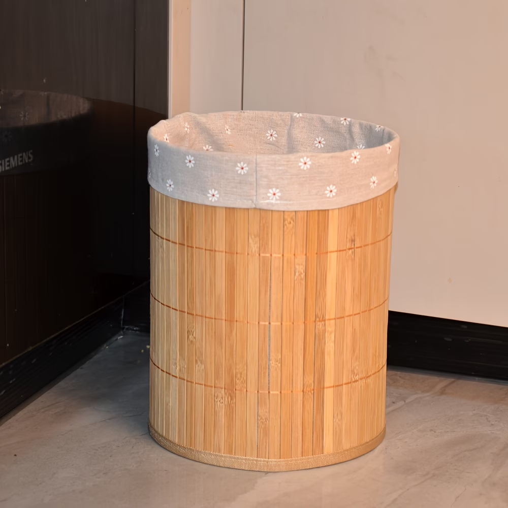 A rustic-style trash can, made of bamboo, with a minimalist design.