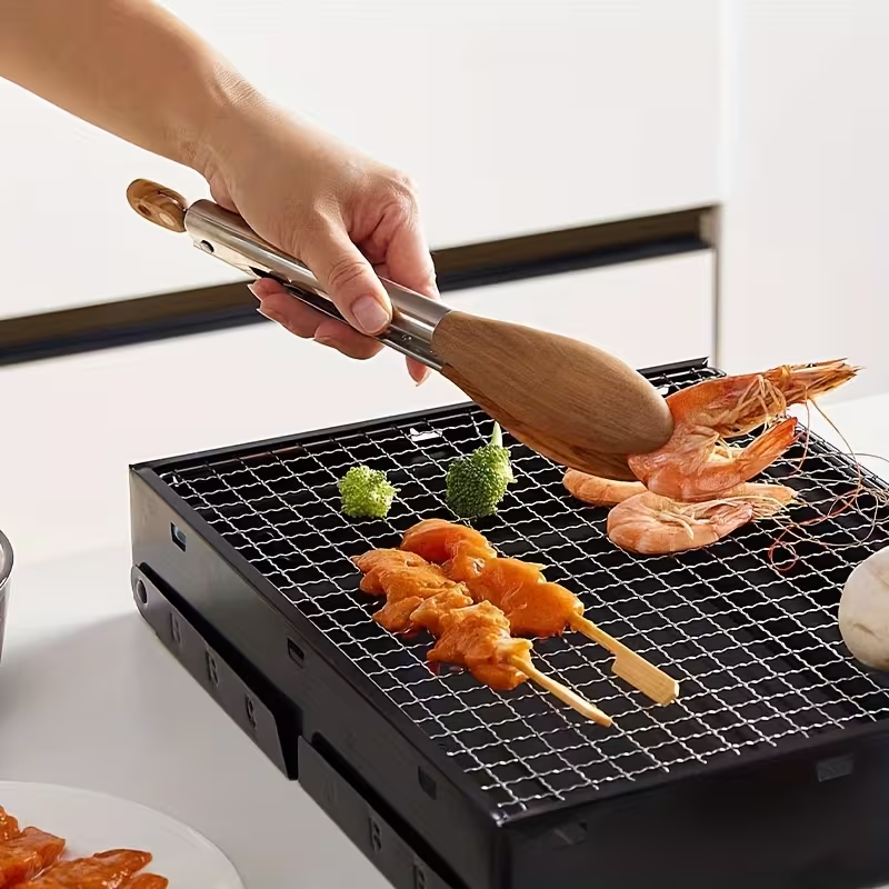 12-inch BBQ Walnut Wood Stainless Steel Sliding Lockable BBQ Tongs