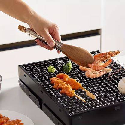 12-inch BBQ Walnut Wood Stainless Steel Sliding Lockable BBQ Tongs