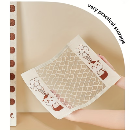 Mesh storage bag, stretchable, with small item pockets, includes 2 stickers.