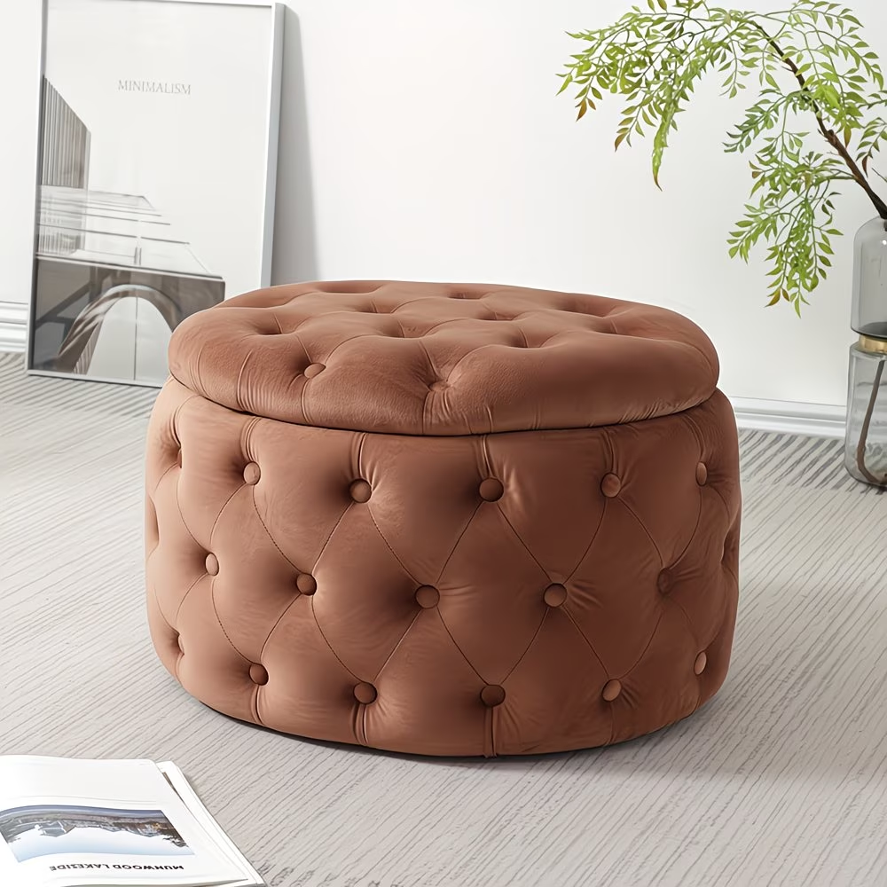 Oval Storage Ottoman Button-Tufted Footrest Stool for Living Room