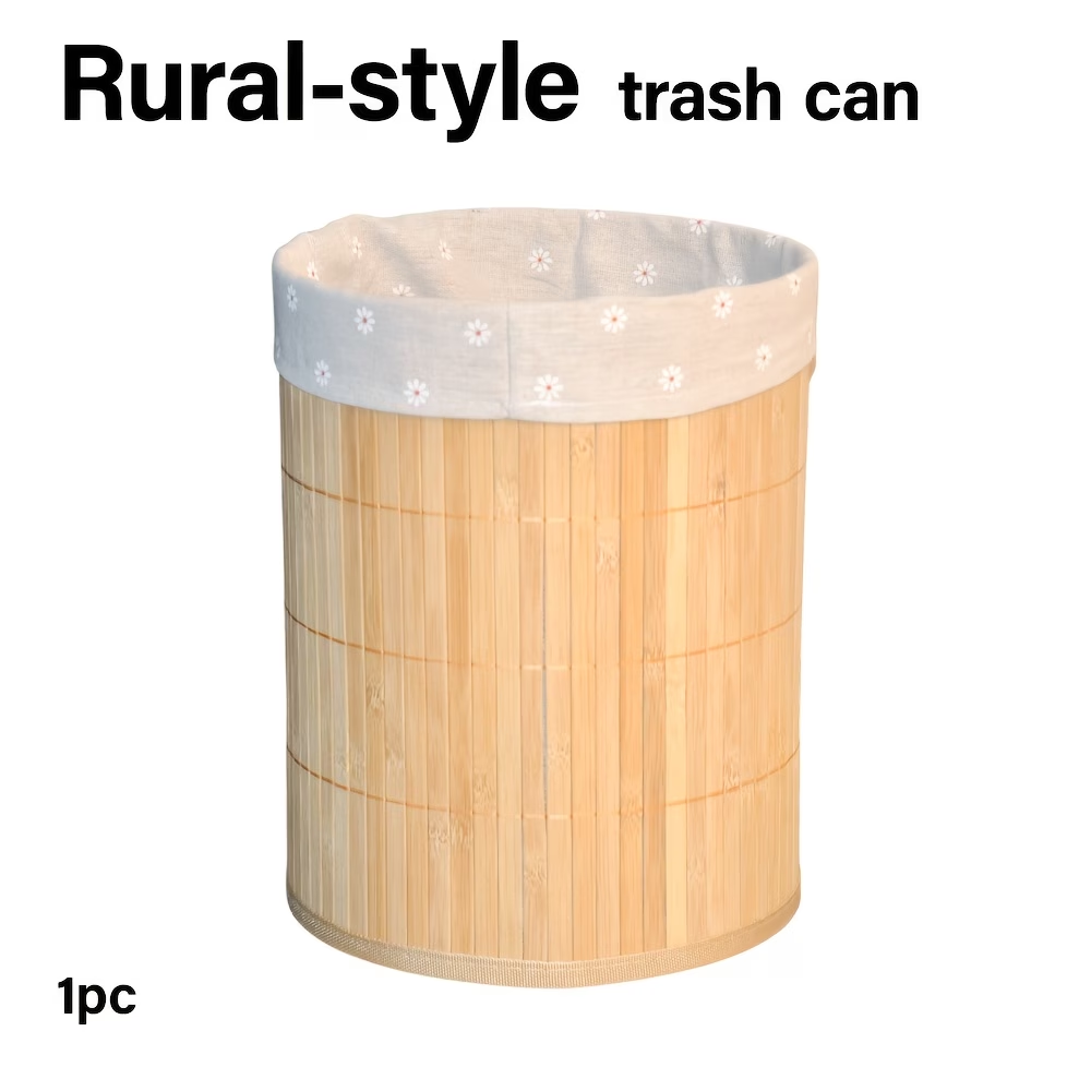 A rustic-style trash can, made of bamboo, with a minimalist design.
