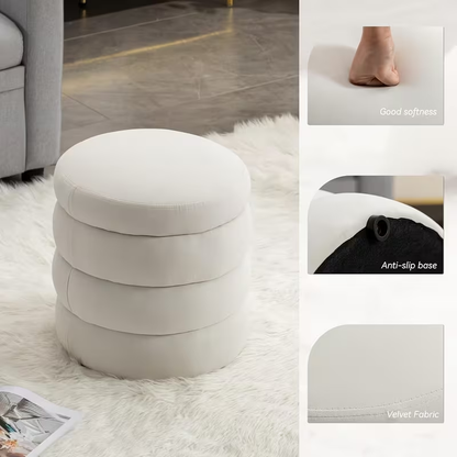 Round, cushioned vanity stool/footstool, 16.93 inches wide and 18.5 inches high.