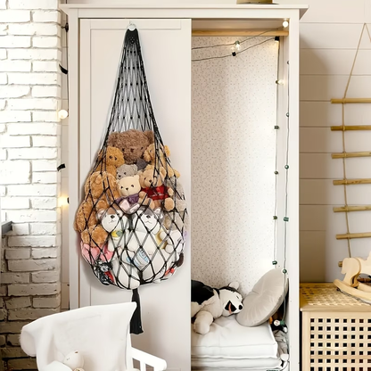 A spacious plush toy storage net, easy to install, with a bohemian design.