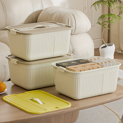 Three plastic storage boxes with lids, snaps, and handles, suitable for home organization.