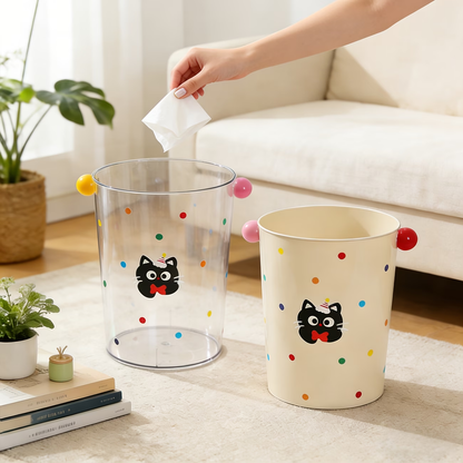 Round trash can with cute cat stickers, wastepaper basket