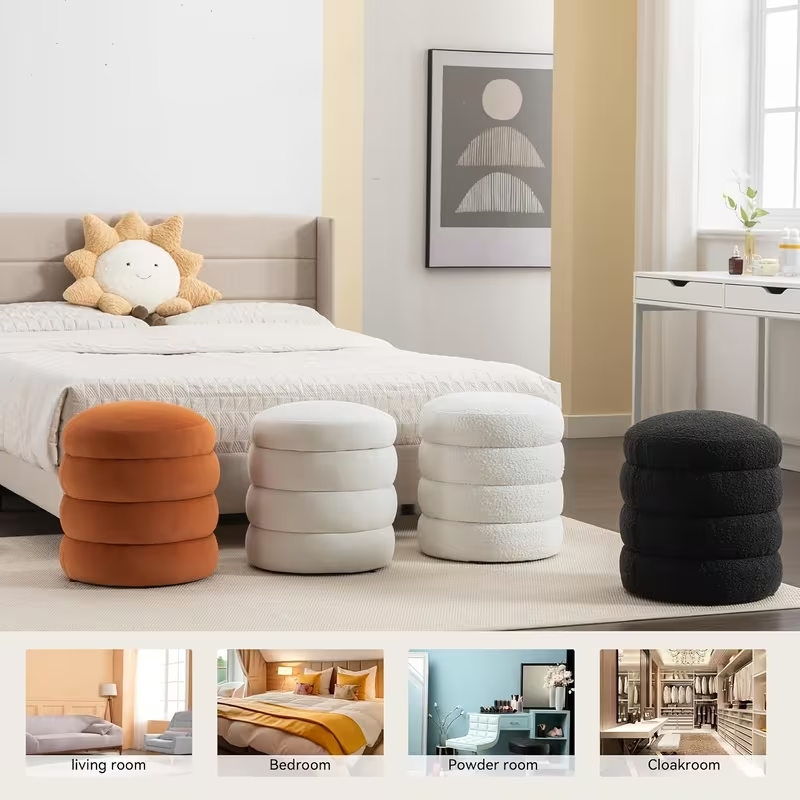 Round, cushioned vanity stool/footstool, 16.93 inches wide and 18.5 inches high.