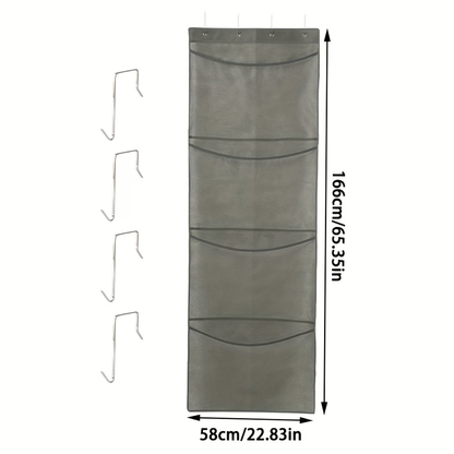 Large mesh door hanging storage rack with 4 large pockets and hooks.