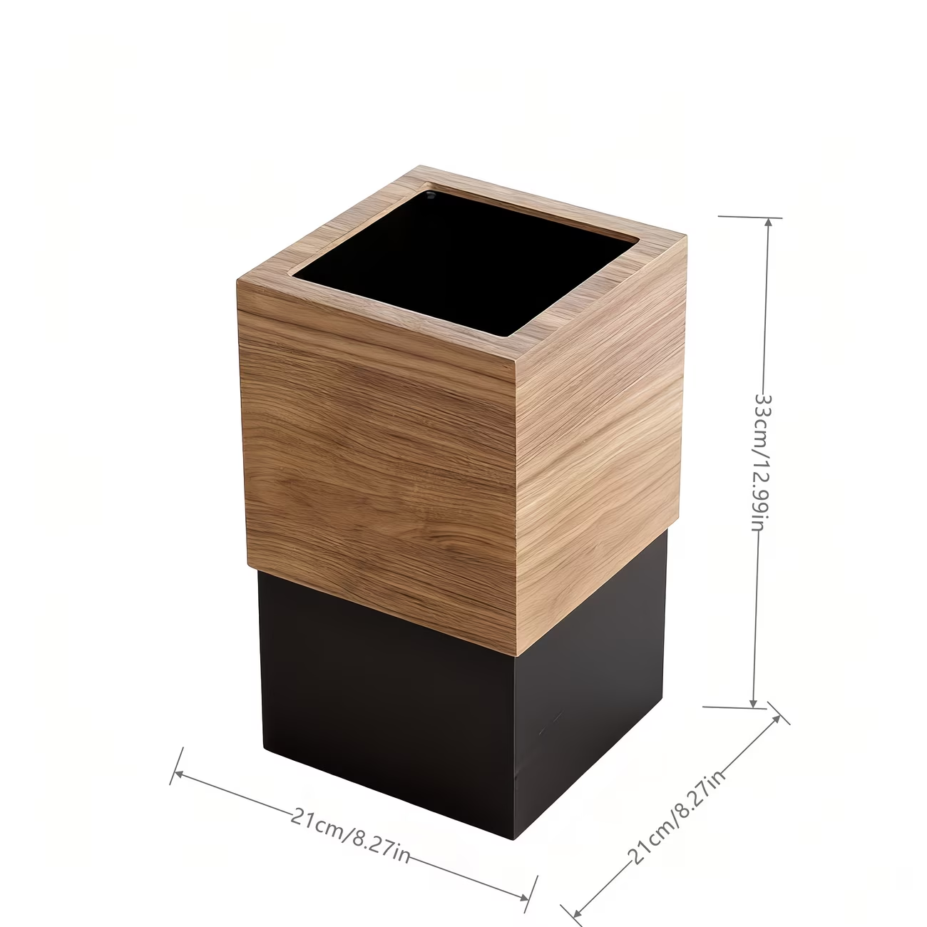 A modern square trash can with a black lid and a Scandinavian design.