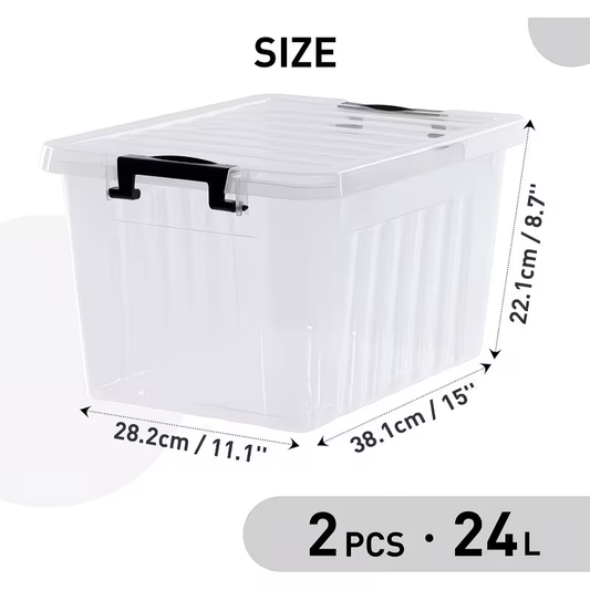 Two large plastic storage boxes with lids