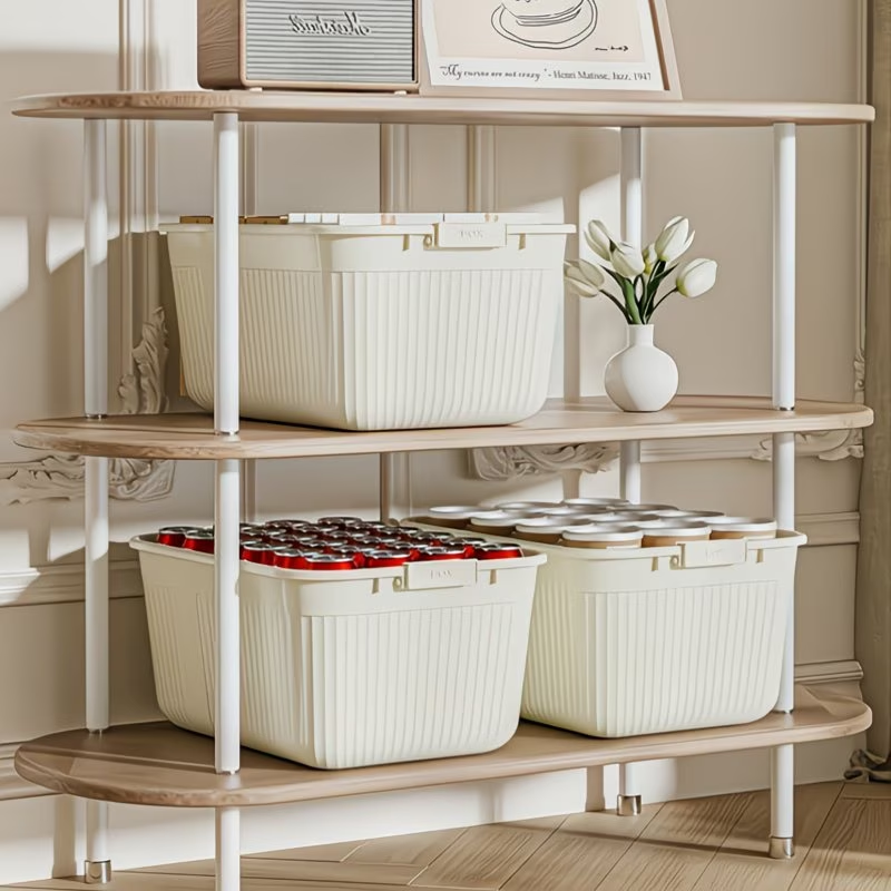 Three plastic storage boxes with lids, snaps, and handles, suitable for home organization.