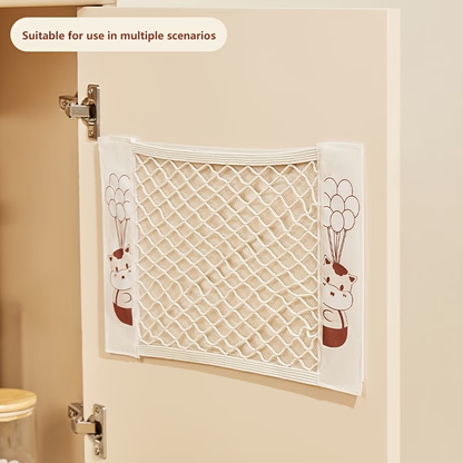 Mesh storage bag, stretchable, with small item pockets, includes 2 stickers.