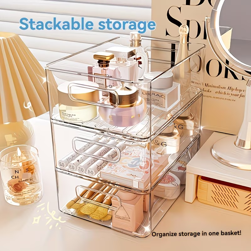 Stackable transparent plastic cosmetic storage box - large capacity organizing basket