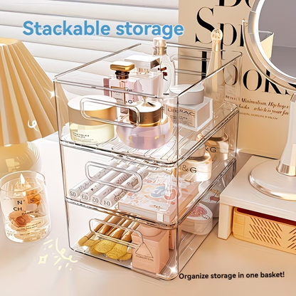 Stackable transparent plastic cosmetic storage box - large capacity organizing basket