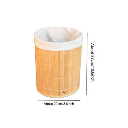 A rustic-style trash can, made of bamboo, with a minimalist design.