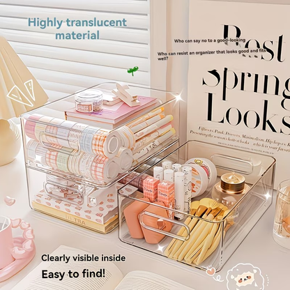 Stackable transparent plastic cosmetic storage box - large capacity organizing basket