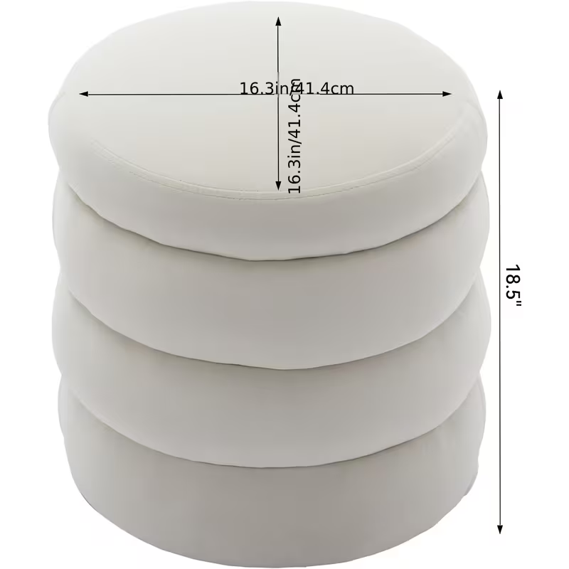 Round, cushioned vanity stool/footstool, 16.93 inches wide and 18.5 inches high.