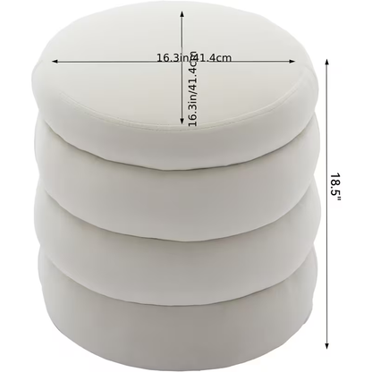 Round, cushioned vanity stool/footstool, 16.93 inches wide and 18.5 inches high.