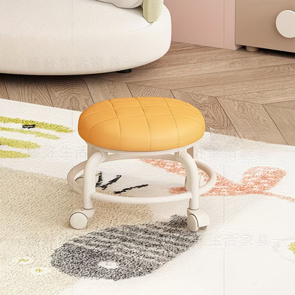 A small stool with wheels, a portable swivel stool for home use, and a shoe stool.