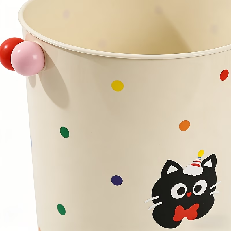 Round trash can with cute cat stickers, wastepaper basket
