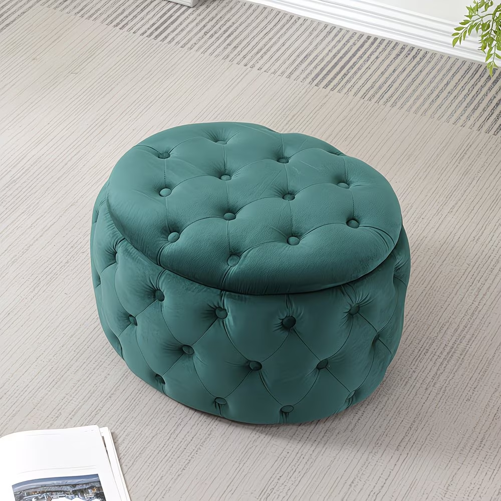 Oval Storage Ottoman Button-Tufted Footrest Stool for Living Room