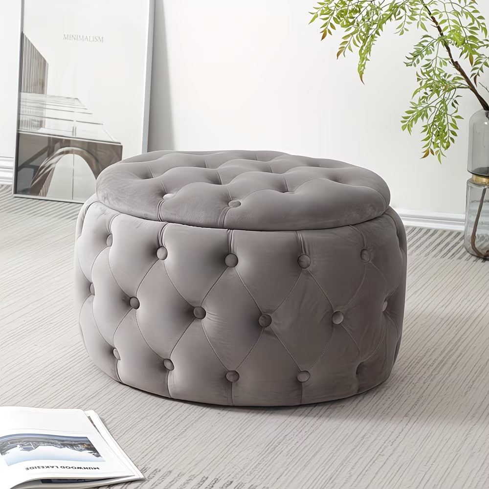 Oval Storage Ottoman Button-Tufted Footrest Stool for Living Room